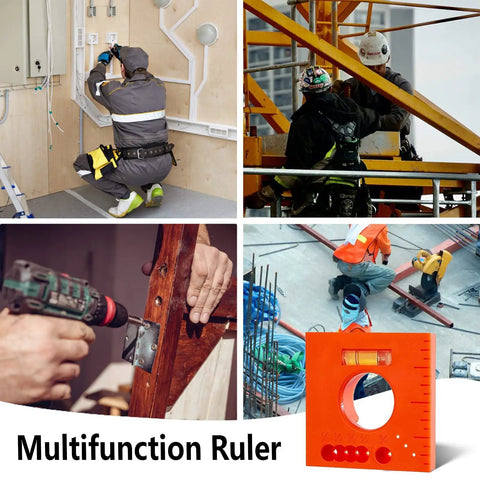 Two Pack Offset Ruler With Level 5 In 1 Multifunction Marking Tool used in various construction settings with workers.