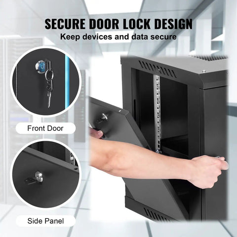 Slick Wall Mount Network Server Cabinet 6U Rack Enclosure Featuring Locking Glass Doors And 14.8 Inch Depth secure front door locks for device protection.