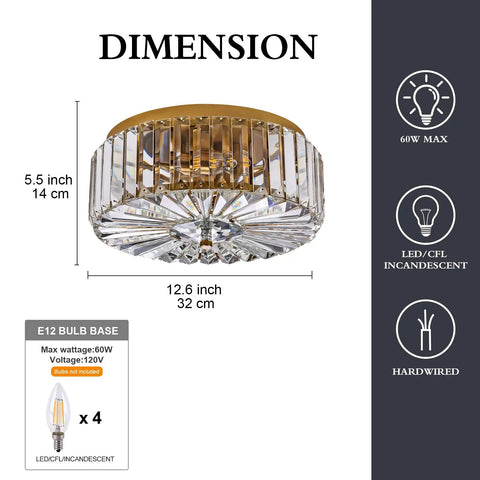 Dimensions of Four Light Crystal Drum Ceiling Light with Gold Brass Finish, 12.6 inch diameter, 5.5 inch height.