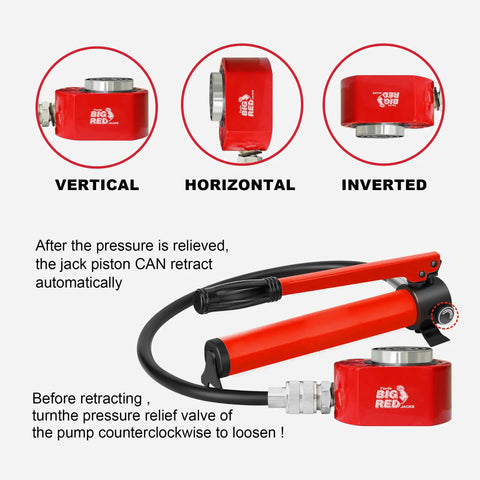 Heavy Duty Single Acting Hydraulic Ram Mini Jack showing vertical, horizontal, and inverted mount options for versatile use.