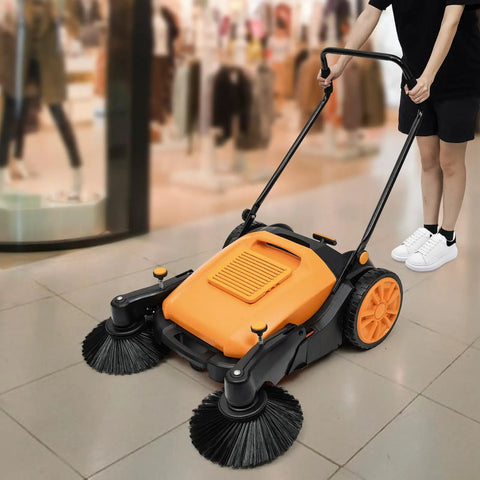 Heavy Duty Walk Behind Commercial Sweeper 41 Inches Wide Hand Push Floor Cleaner 14 Gallon Bin in shopping area