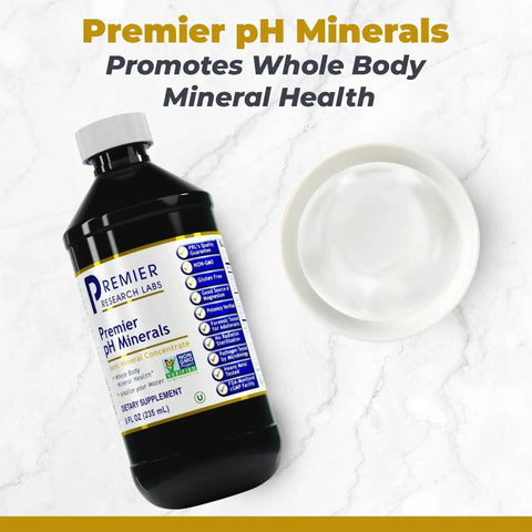 PH Minerals Trace Mineral Drops For Water, 8 Fl Oz bottle and cup on white background