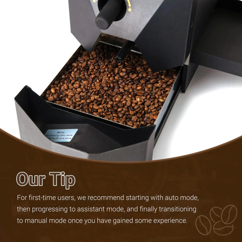 Roll With This Dope Electric Coffee Bean Roaster Bringing You 500g Capacity Smokeless Operation And A Glass Viewing Window For Effortless Home Roasting Vibes showing freshly roasted coffee beans in the compartment.