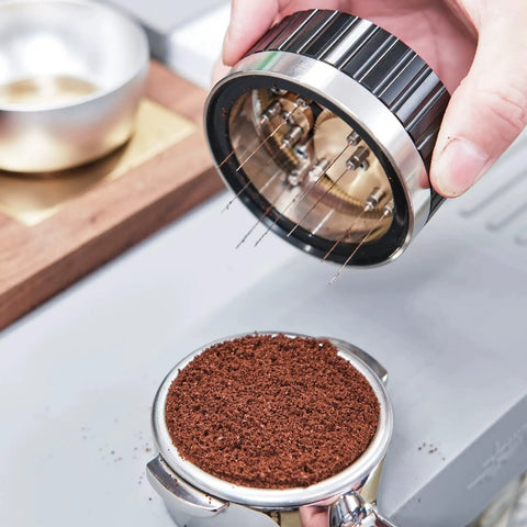 Slick 58mm Coffee Distributor Needle With Geared Spinning Action And Sturdy Black Base, leveling coffee grounds in portafilter.