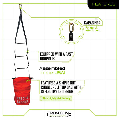 Zero Fuss Emergency Descent Ladder Kit Packs 18 Feet Of Heavy Duty Webbing With Rock Solid 5000 Lb Break Strength And Steel Carabiner For Safe Rooftop Evacs showing quick-attach carabiner and reflective top bag.
