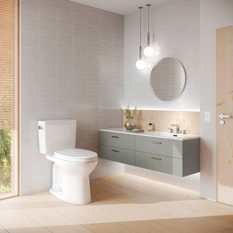Top Shelf Two Piece Elongated Toilet Featuring Universal Height And 1.6 GPF Tornado Flush System For Hassle Free Grime Control And Reliable Everyday Bathroom Comfort In Crisp White in modern bathroom setting.