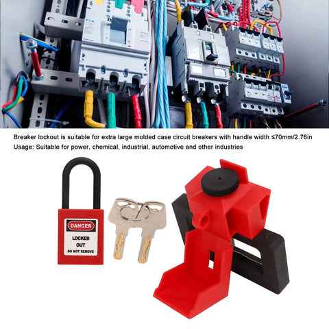 Heavy Duty Nylon Clamp On Breaker Lockout Padlock Kit Universal Tag Out Setup Built Dope For Industrial And Automotive Crews Who Want Straight Up Reliable Safety Locks with red clamp and padlock.