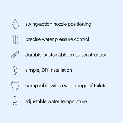 Infographic showing features of Side Mounted Manual Bidet Attachment With Adjustable Sprayer And Water Pressure, Chrome Finish, Dual Temperature Controls, Slim Profile, No Fuss Install, XL Size For Toilet Seats