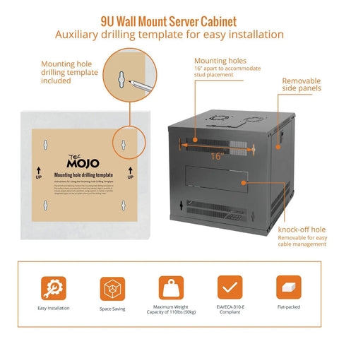 Nine U Wall Mount Server Cabinet With Lockable Tempered Glass Door And Side Panels Hella Secure Steel Build Knockout Design No Drama Setup For 19 Inch Network Racks Audio Gear Black installation template showing drilling instructions.