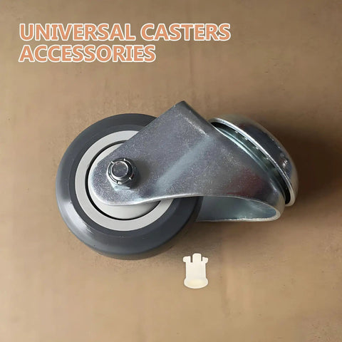 Thirty Piece White Plastic Furniture Caster Socket Inserts Solid Grip Straight Up Smooth Rolling Chair Wheel Adapters Zero Wobble Office Desk Leg Protectors Easy Peasy Repair Set For Rolling Chairs with gray wheel and metal bracket.