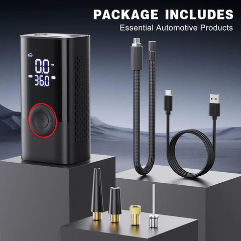 Cordless Tire Inflator With Digital Pressure Gauge, Multi-Tip Attachments, and Charging Cable Displayed on Podium