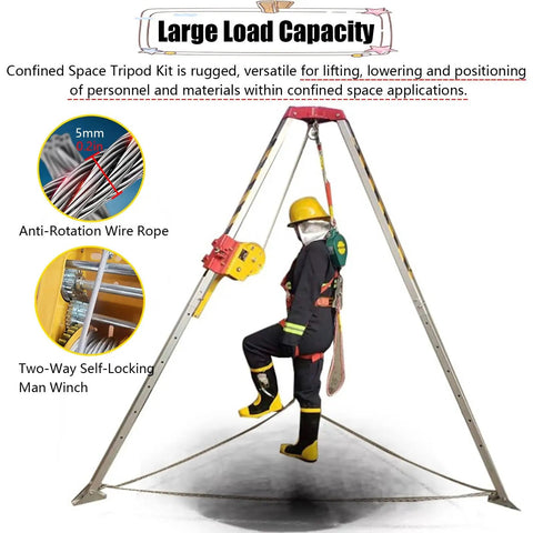 Hardcore Aluminum Confined Space Tripod Kit With Winch for Tight Squeeze Manhole Rescues, lifting personnel with anti-rotation wire rope.