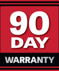 Red and black sign displaying "90 Day Warranty" in bold white and grey text.
