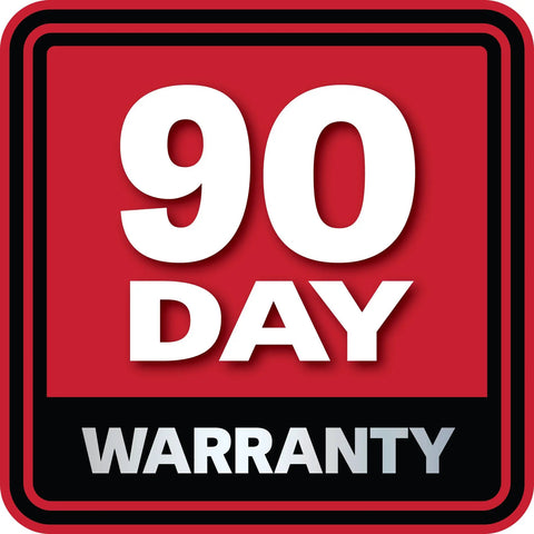 Red and black sign displaying "90 Day Warranty" in bold white and grey text.