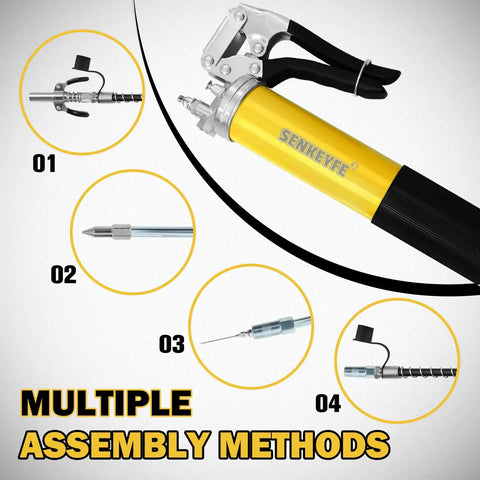 14oz Capacity Grease Gun Kit With 7000 PSI Leakproof Spray 18 Inch Spring Hose and multiple nozzle coupler assembly options