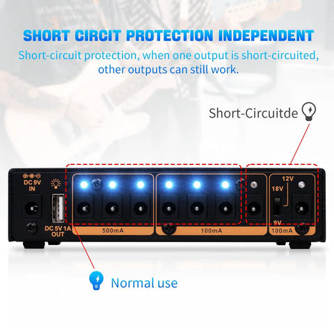 Back view of Built In 4400mAh Battery Gig Ready Pedalboard Power Supply With Eight 9V 12V 18V Outputs And 5V 1A USB Port