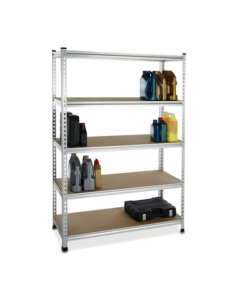 Five Tier Metal Garage Storage Rack With Fully Adjustable Shelves, Solid Aluminum Frame Build, No Sweat Assembly, 48 By 18 By 72 Inches with stored containers.