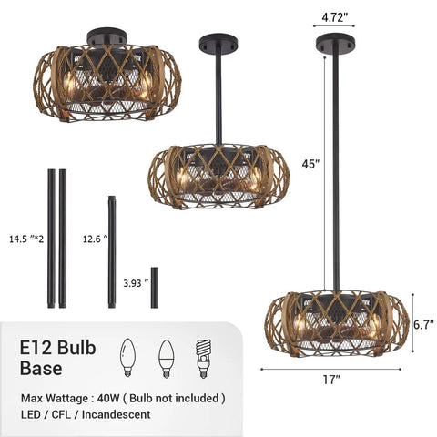 Industrial Farmhouse 17 Inch Black Caged Ceiling Fan With Remote Light Kit Enclosed Antique Four Light Flush Mount dimensions.