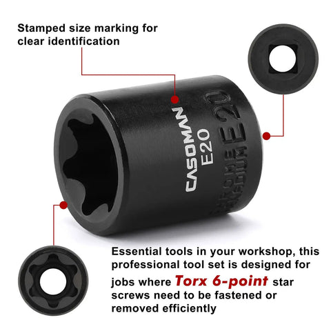 Detail of E20 socket from Eleven Piece Female Torx Socket Set With E Torx And Star Sockets Pro Grade Heavy Duty One Quarter Drives