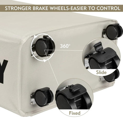 Base of Big Ol Extra Large 27 Inch Slim Rolling Laundry Basket on Wheels with removable bag, showing 360-degree brake wheels.