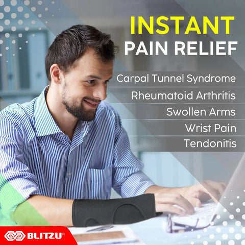 Man using laptop with Carpal Tunnel Wrist Brace Night Support With Splint Stabilizer And Palm Cushion for pain relief.