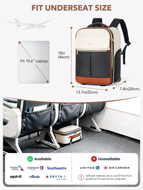 Roller Backpack For Women 2 In 1 Convertible Suitcase And Carry On Bag, Wheeled Travel Backpack With Telescoping Handle, Fits A 15.6 Inch Laptop, Flight Approved, Underseat Size, Beige Weekender Ready shown fitting under airplane seat.