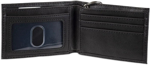 Rugged RFID Leather Bifold Chain Wallet For Men In Pebbled Black, open view showing 3 card slots and clear ID window, heavy chain