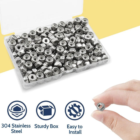 High-Quality 120 Pack Of 8-32 Inch Threaded 304 Stainless Steel Nylon Insert Lock Nuts in a clear plastic box with hand holding a nut