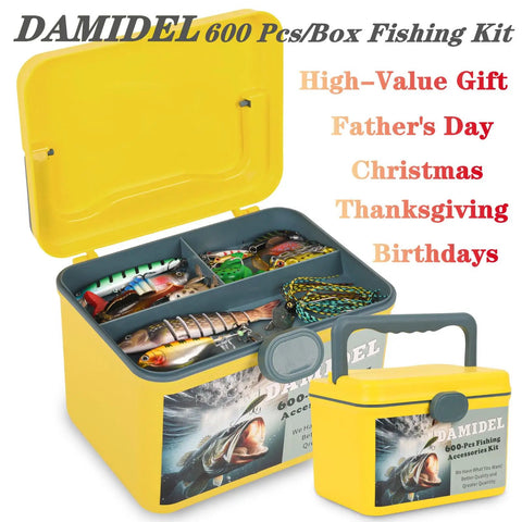 600 Piece Tackle Box Fishing Kit With Hooks Sinkers Swivels Snaps Topwater Lures Spoons Soft Plastics Jig Heads Frogs Minnows And More Gear For Saltwater And Freshwater Bass Fishing, yellow kit with open compartments displaying lures and accessories.