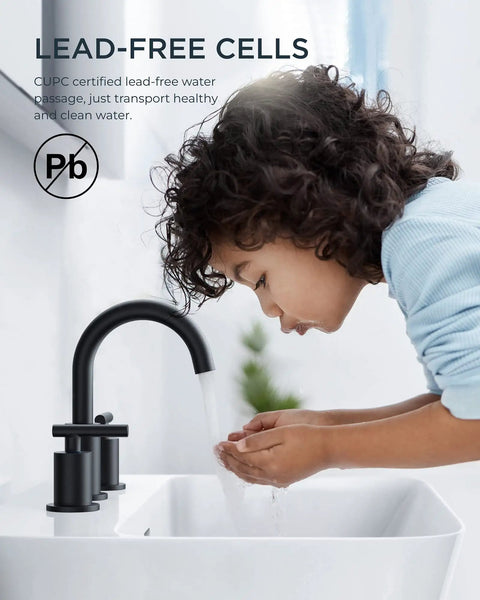 Child washing hands under Matte Black 8 Inch Widespread Bathroom Faucet With 3 Holes 2 Handles, 360 Degree Rotating Spout