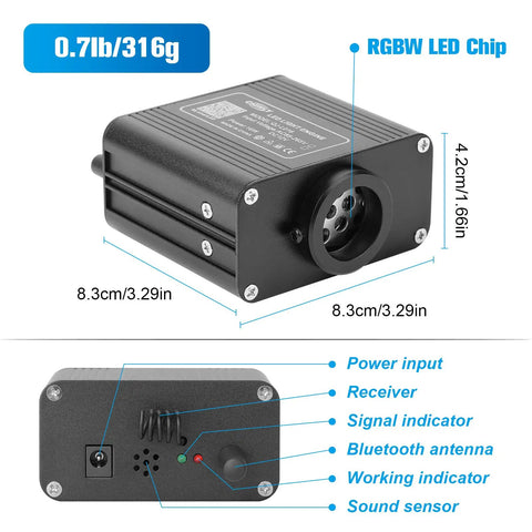RGBW LED light box for Lit Twinkle Fiber Optic Star Lights Kit With 370 Fibers, 9.8ft Length, with Bluetooth app control features.