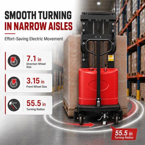 Heavy Duty Carbon Steel Semi Electric Pallet Stacker With 1.6KW Motor And 3500 Lb Capacity For Warehouses showing turning radius and wheel sizes.