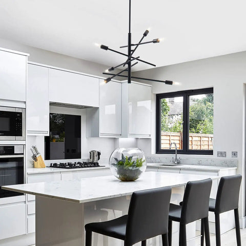 Black Modern Sputnik Chandelier With Adjustable Arms 6 Light Dope Mid Century Ceiling Pendant in kitchen.