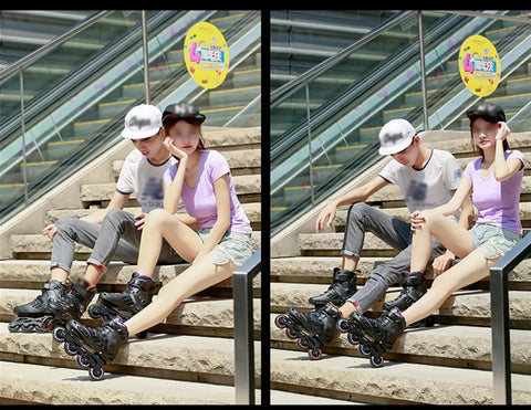 Two people wearing All Ages Inline Skates For Girls And Boys, Adjustable Beginner Roller Blades For Women And Men, Black Purple, Size 9