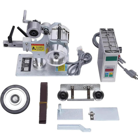 Built Like A Tank Industrial Grade Electric Belt Sander Featuring One By Thirty Inch Abrasive Belt All Steel Galvanized Frame Heavy Duty bench polisher with motor and attachments.