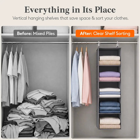 Five Tier Hanging Closet Organizer With Multi Compartment Wardrobe Storage Bin For Sweaters Pants And Towels organized with folded clothes.