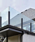 Legit Outdoor Deck Glass Balustrade Post And Pool Patio Balcony Railing System featuring black stainless steel posts and tempered glass.
