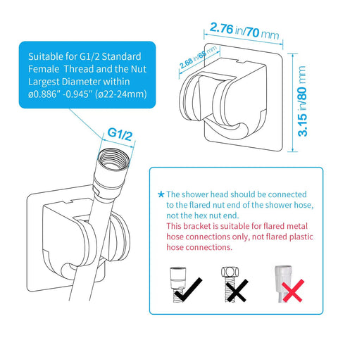 Diagram of Stick On Shower Head Mount With Adjustable Swivel For RV And Bathroom Easy Install Self Adhesive Strong Grip Universal ABS Chrome Bracket Handheld Wand Holder, showing dimensions and suitable connections.