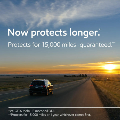 Sunset road scene with an SUV, showcasing the benefits of Top Shelf Full Synthetic Motor Oil 0W20 Five Quint Container.