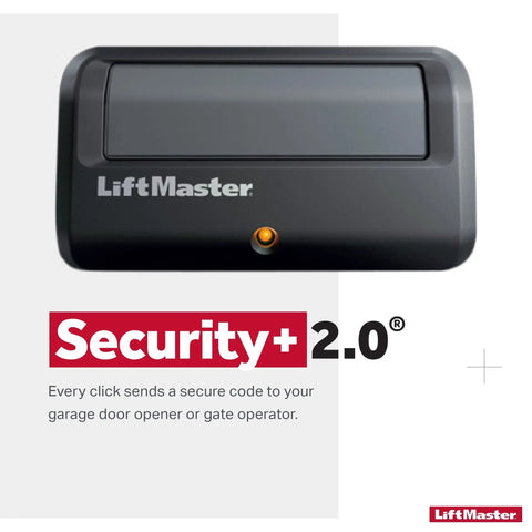 Security Plus Two Point Zero One Button Gate Remote with Visor Clip showing yellow learn button and LiftMaster logo