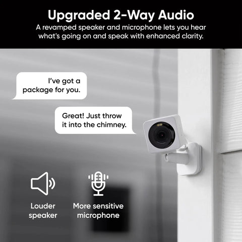 1080p Indoor Outdoor Security Camera With Color Night Vision Built In Spotlight Motion Detection Two Way Audio Wi Fi Alexa And Google Compatible Free Expert Setup White mounted on wall showcasing two-way audio features with text dialogue.