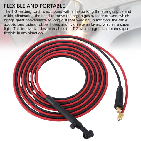 Coiled red and black TIG Welding Torch 150A With 35 To 50mm2 Connector And 26.2Ft EPDM Rubber Hose For Long Distance Welding