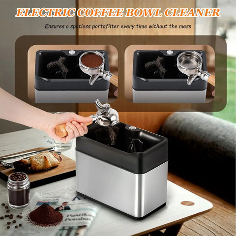 Automatic Electric Espresso Knock Box Offering Rapid Portafilter Cleaning For Fast Ground Removal showing black and silver box with portafilter.