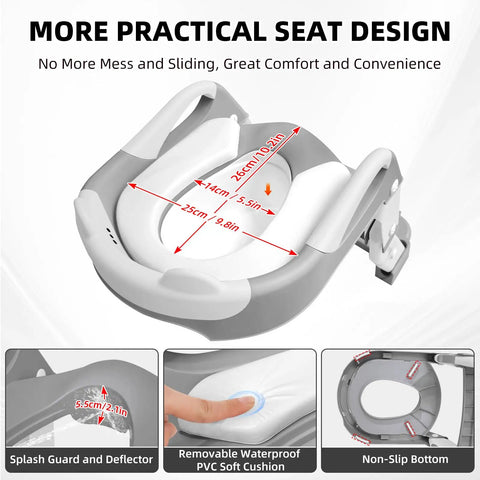 Kickstart Your Tot Seamless Transition With This Upgrade 3 In 1 Potty Training Seat And Step Stool with splash guard and soft cushion.