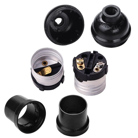 Components of E26 E27 Light Socket Set 8 Pack Black Edison Retro showing internal screws and plastic casing in black