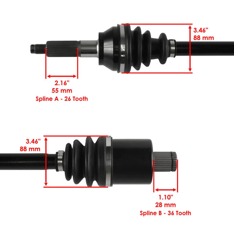 Heavy Duty Rear CV Axle Shaft With Integrated Wheel Bearing For Polaris Sportsman ATV dimensions with spline details and rubber boot.