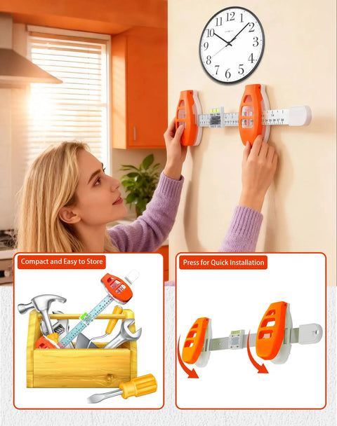 Woman using the Slick Three In One Picture Hanging Tool With Integrated Spirit Level And Metal Measuring Ruler to hang a clock.