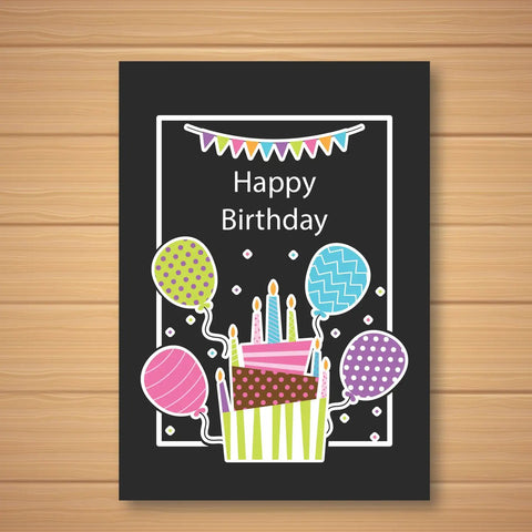 Birthday card with colorful balloons, cake illustration, and 'Happy Birthday' text on a wooden background