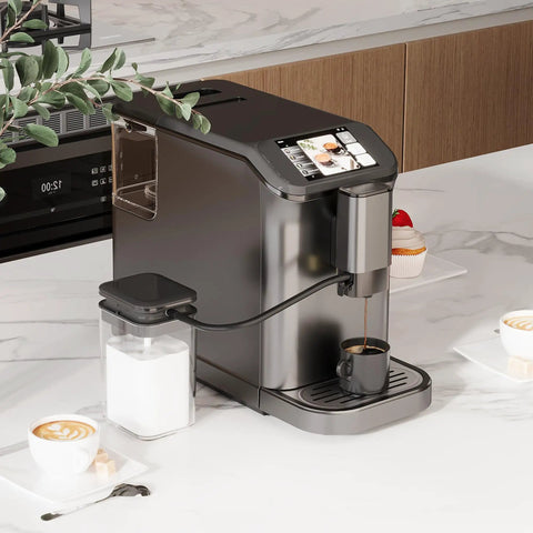 Level Up Your Daily Grind With This Fully Automatic Espresso Machine Featuring A Built In Grinder Dual Boiler Heating Premium Milk Frother And Smart Touch Panel For Six Quick Barista Shots In Sleek Gunmetal on a kitchen counter.