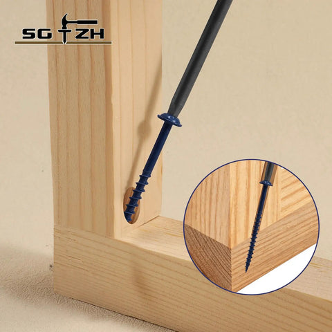 Close-up of pocket hole screws in wood joint, Pocket Hole Screws Size Eight By One And A Half Inch, 316 Pieces, 2 lb Box.